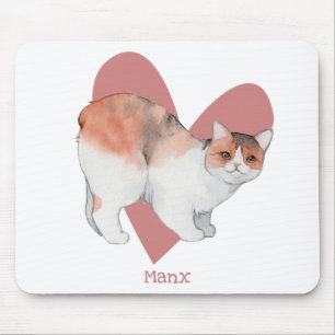 Tapis De Souris Chat Manx Aquarelle Kitty Coeur rose