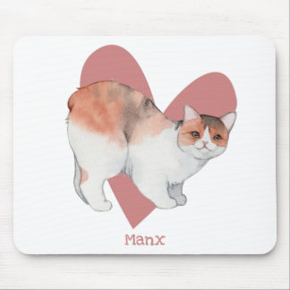 Tapis De Souris Chat Manx Aquarelle Kitty Coeur rose