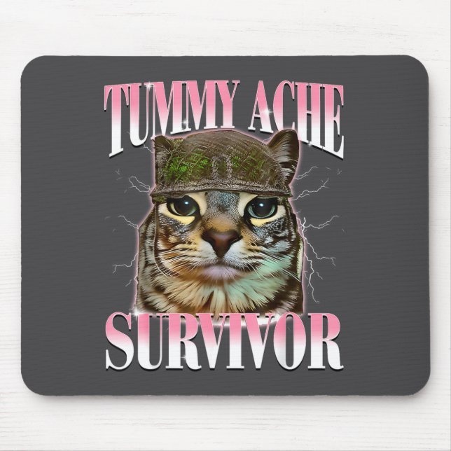 Tapis De Souris Chat Mème Survivant Mal De Ventre Drôle De Dicton  (Devant)