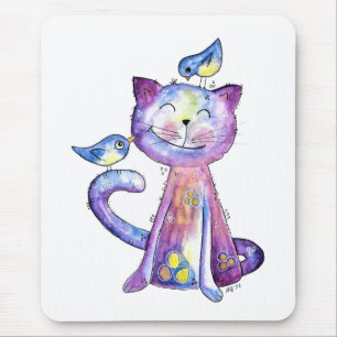 Tapis De Souris Chat mignon blanc violet avec oiseaux