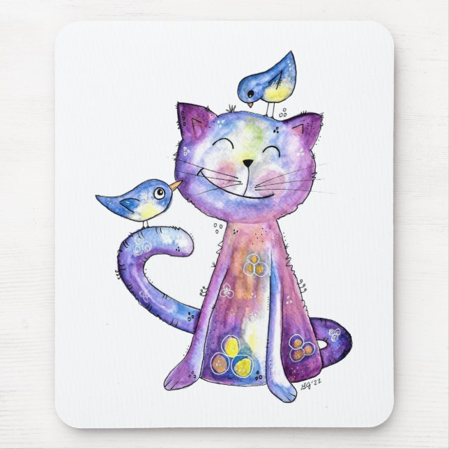 Tapis De Souris Chat mignon blanc violet avec oiseaux (Devant)