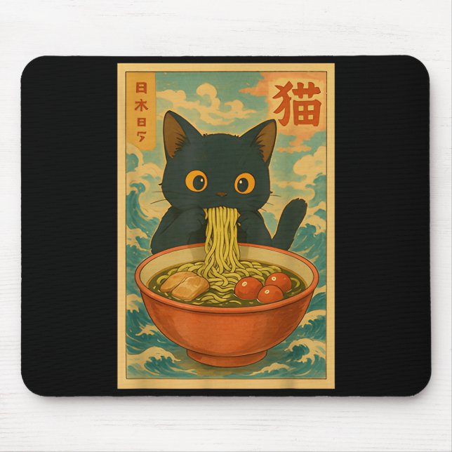 Tapis De Souris Chat mignon mangeant des nouilles Ramen Cadeau drô (Devant)