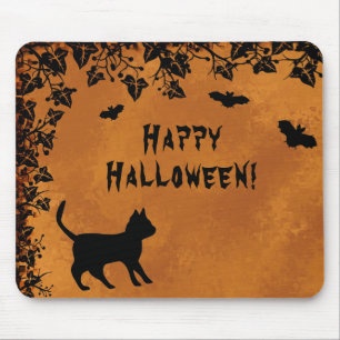 Tapis De Souris Chat noir avec chauve-souris, Happy Halloween