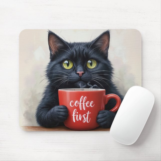 Tapis De Souris Chat Noir Avec Citation De Mug De Café Amusant (Avec souris)