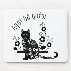 Tapis De Souris Chat noir avec fleurs et expression portugaise