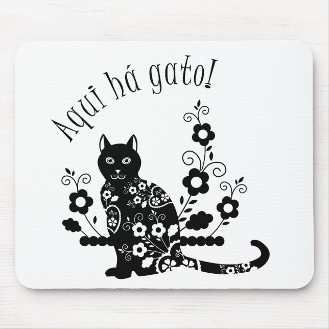 Tapis De Souris Chat noir avec fleurs et expression portugaise (Devant)