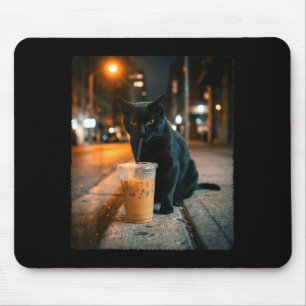 Tapis De Souris Chat noir cool buvant un café glacé animal drôle