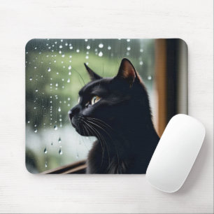 Tapis De Souris Chat noir dans la fenêtre Pluie