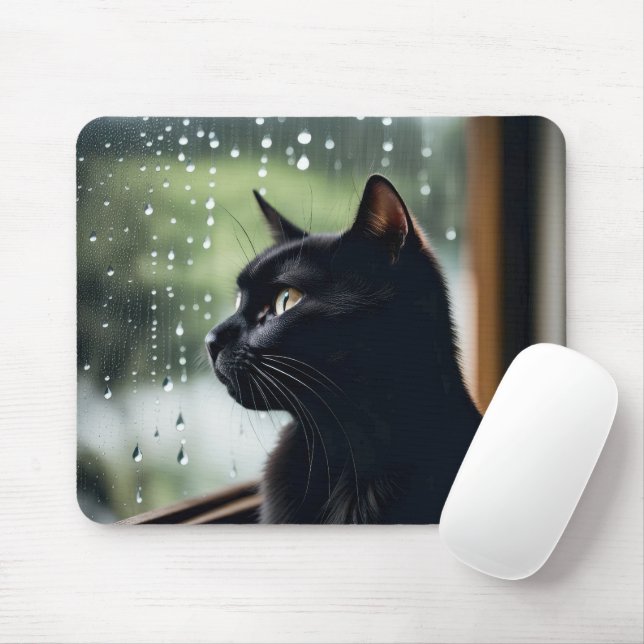 Tapis De Souris Chat noir dans la fenêtre Pluie (Avec souris)
