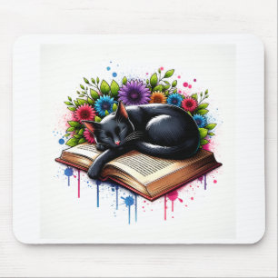 Tapis De Souris Chat noir dormant sur un livre avec des fleurs