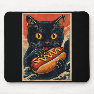 Tapis De Souris Chat noir drôle mangeant un hot dog rétro japonais
