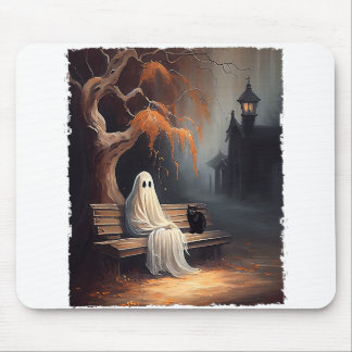 Tapis De Souris Chat Noir Et Fantôme Assis Sur Le Banc Halloween D