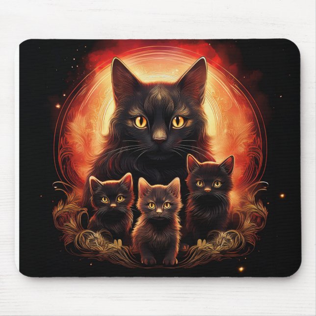 Tapis De Souris Chat Noir Et Ses Trois Chatons (Devant)