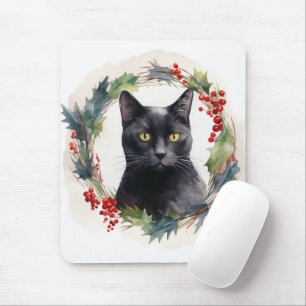 Tapis De Souris Chat noir Fête de couronnes de Noël Kitten
