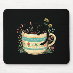 Tapis De Souris Chat noir floral dormant sur café