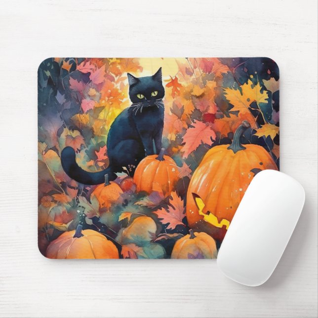Tapis De Souris Chat noir Halloween avec citrouilles effrayant (Avec souris)