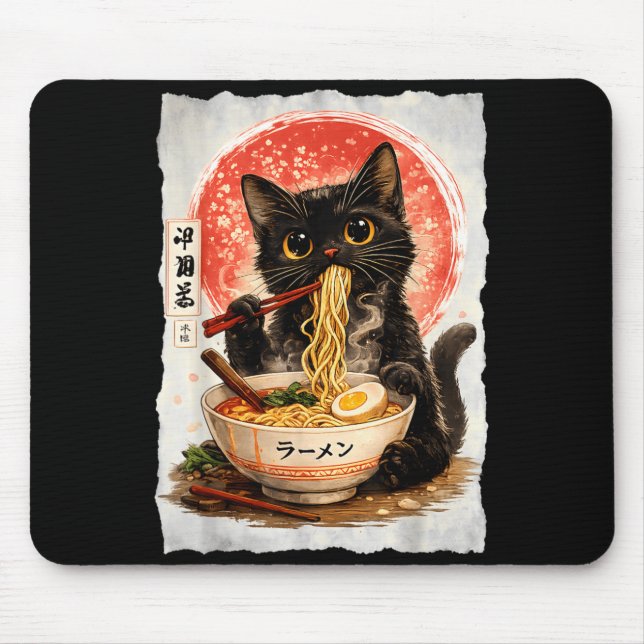 Tapis De Souris Chat noir mangeant des ramen mignon kawaii anime c (Devant)