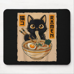 Tapis De Souris Chat noir mignon d'anime rétro mangeant des nouill