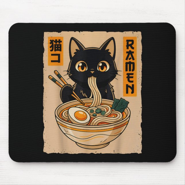 Tapis De Souris Chat noir mignon d'anime rétro mangeant des nouill (Devant)
