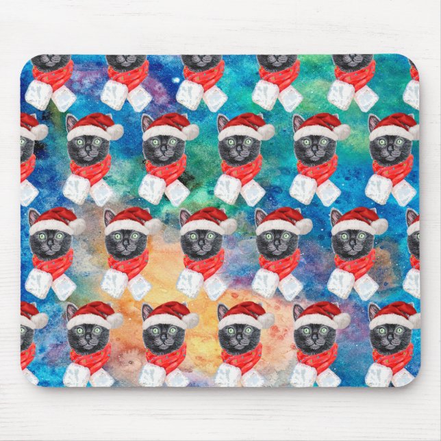 Tapis De Souris Chat noir mignon Fêtes de Noël amusantes (Devant)