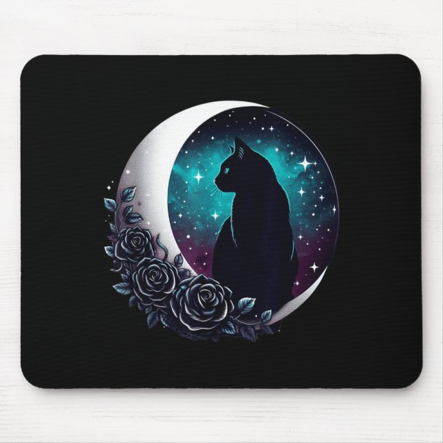Tapis De Souris Chat Noir Mystique Avec Lune Et Roses Céleste (Devant)