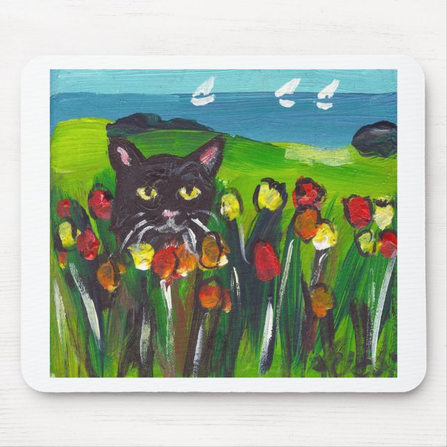 Tapis De Souris Chat noir parmi des tulipes (Devant)