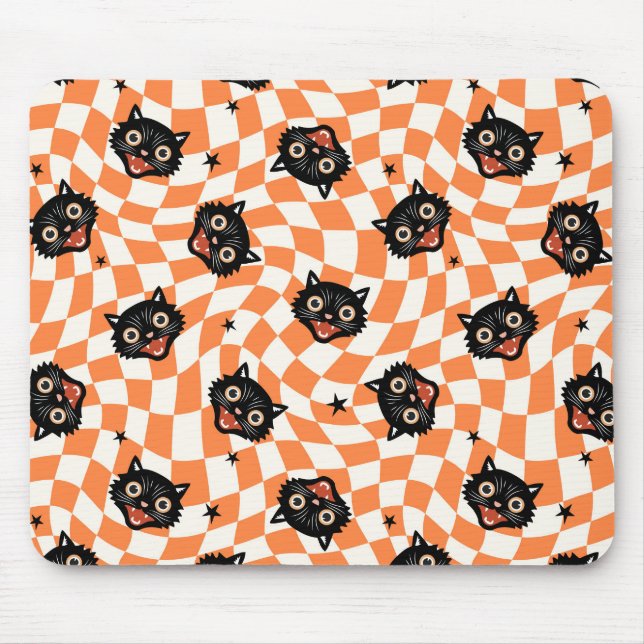 Tapis De Souris Chat noir rétro Motif chèque orange (Devant)