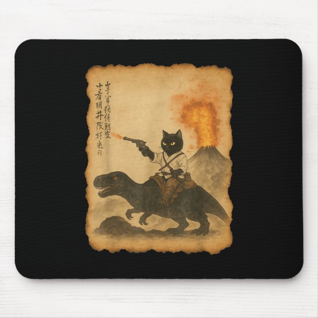 Tapis De Souris Chat noir Samurai équitation Dinosaur Éruptio volc (Devant)