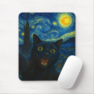 Tapis De Souris Chat noir Starry Nuit Van Gogh Chat Selfie