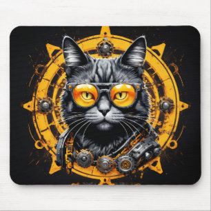 Tapis De Souris Chat noir steampunk avec lunettes orange
