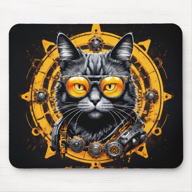 Tapis De Souris Chat noir steampunk avec lunettes orange (Devant)