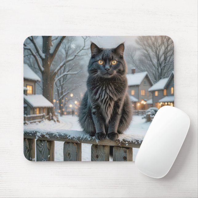 Tapis De Souris Chat noir sur une clôture enneigée (Avec souris)