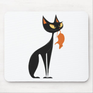 Tapis De Souris Chat noir tenant du rat orange