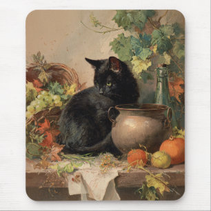 Tapis De Souris Chat noir vintage au milieu des fruits d'automne