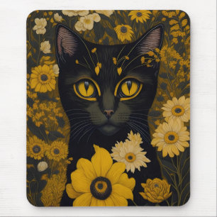 Tapis De Souris Chat noir Yellow Eyes Fleurs Vintages