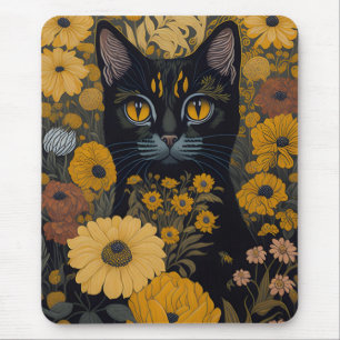 Tapis De Souris Chat noir Yellow Eyes Fleurs Vintages #2