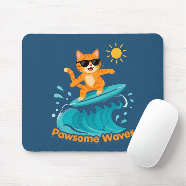 Tapis de souris chat orange surfant Pawsome Waves (Avec souris)