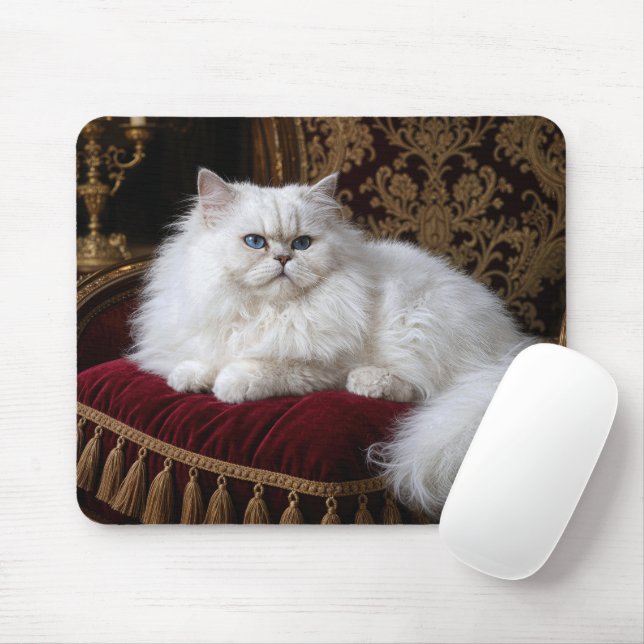 Tapis De Souris Chat persan blanc sur un coussin de chaise en velo (Avec souris)