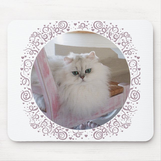 Tapis De Souris Chat Persan Blanc sur une Chaise Rose (Devant)