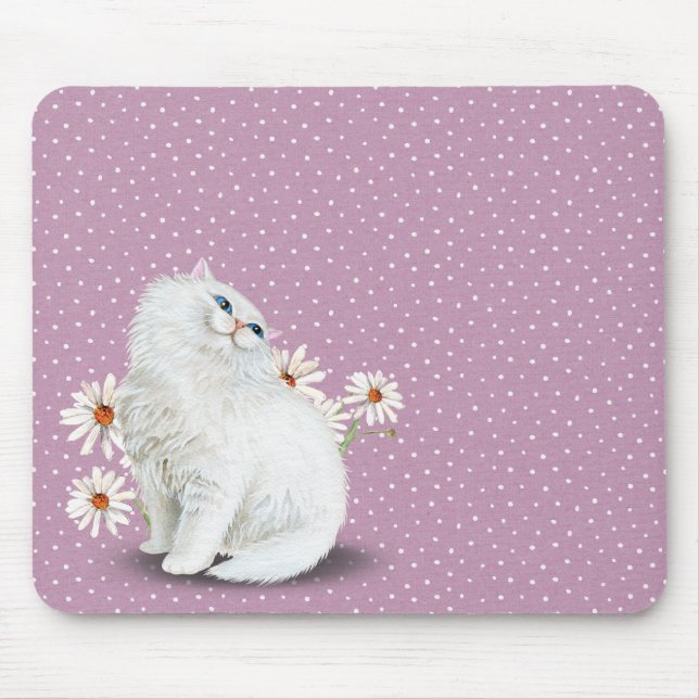 Tapis De Souris chat perse blanc sur le motif point pin (Devant)