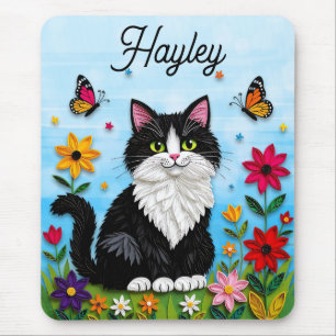Tapis De Souris Chat personnalisé, Fleurs et Papillons  