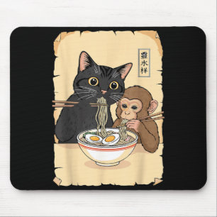 Tapis De Souris Chat Ramen Singe Chemise Drôle Chat Singe Mangeant
