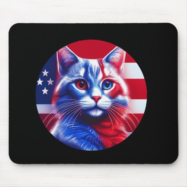 Tapis De Souris Chat Rouge Blanc & Bleu avec fond de drapeau améri (Devant)