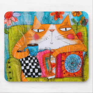 Tapis De Souris Chat roux fantaisiste avec tasse de thé
