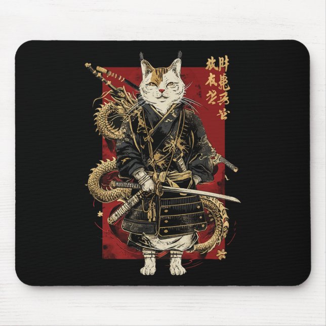 Tapis De Souris Chat Samurai Avec Dragon Kanji (Devant)
