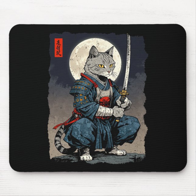 Tapis De Souris Chat Samurai Japonais Retro Chat Fighter Moon Ukiy (Devant)