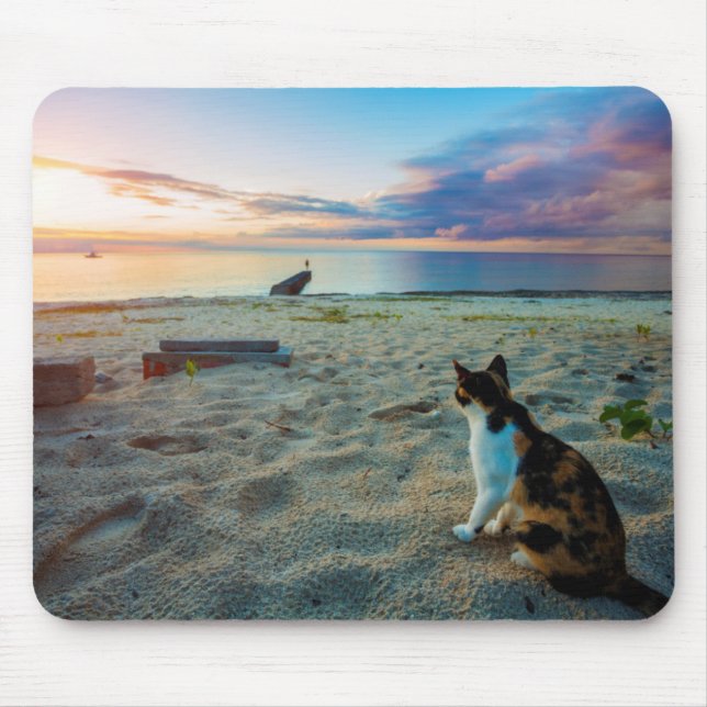 Tapis De Souris Chat se reposant sur une plage (Devant)