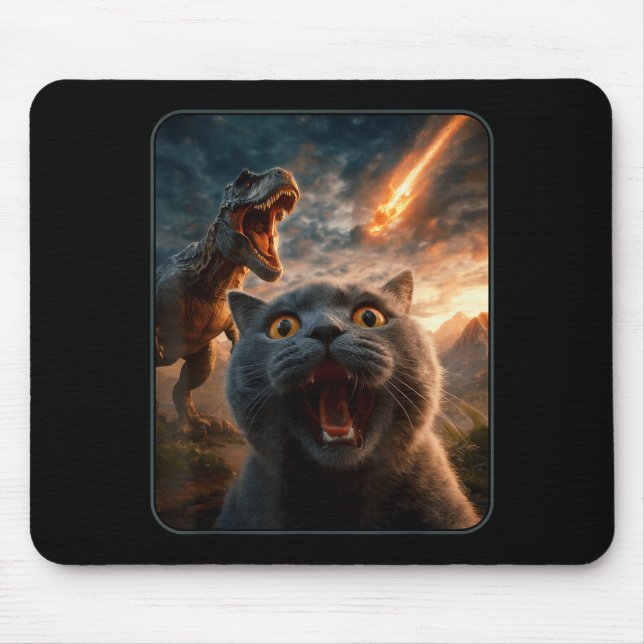 Tapis De Souris Chat selfie avec T-rex dinosaure drôle chat T Rex  (Devant)