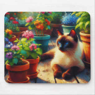 Tapis De Souris Chat siamois dans la peinture à l'huile du jardin