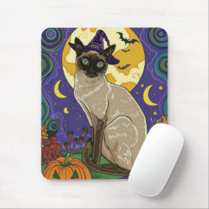 Tapis De Souris Chat siamois effrayant Halloween sorcière et citro